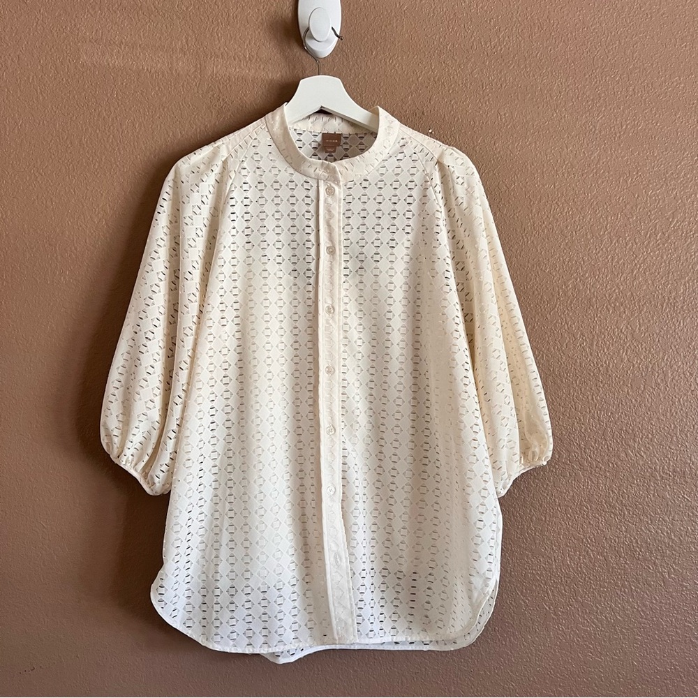 Hugo Boss Puff Sleeve Batisy Lace Button Up Blouse Size US 8